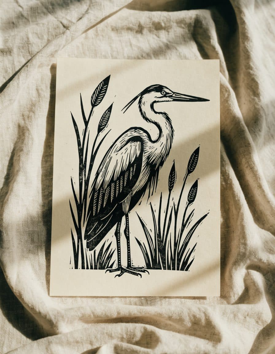 Heron, linocut