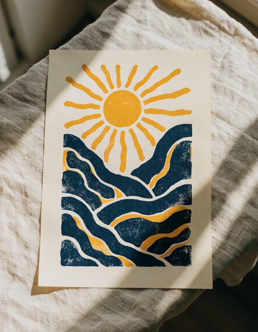 Sun over hills, screenprint